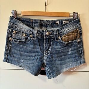 Miss Me Distressed Blue Jean Shorts with Silver and Sequined Details